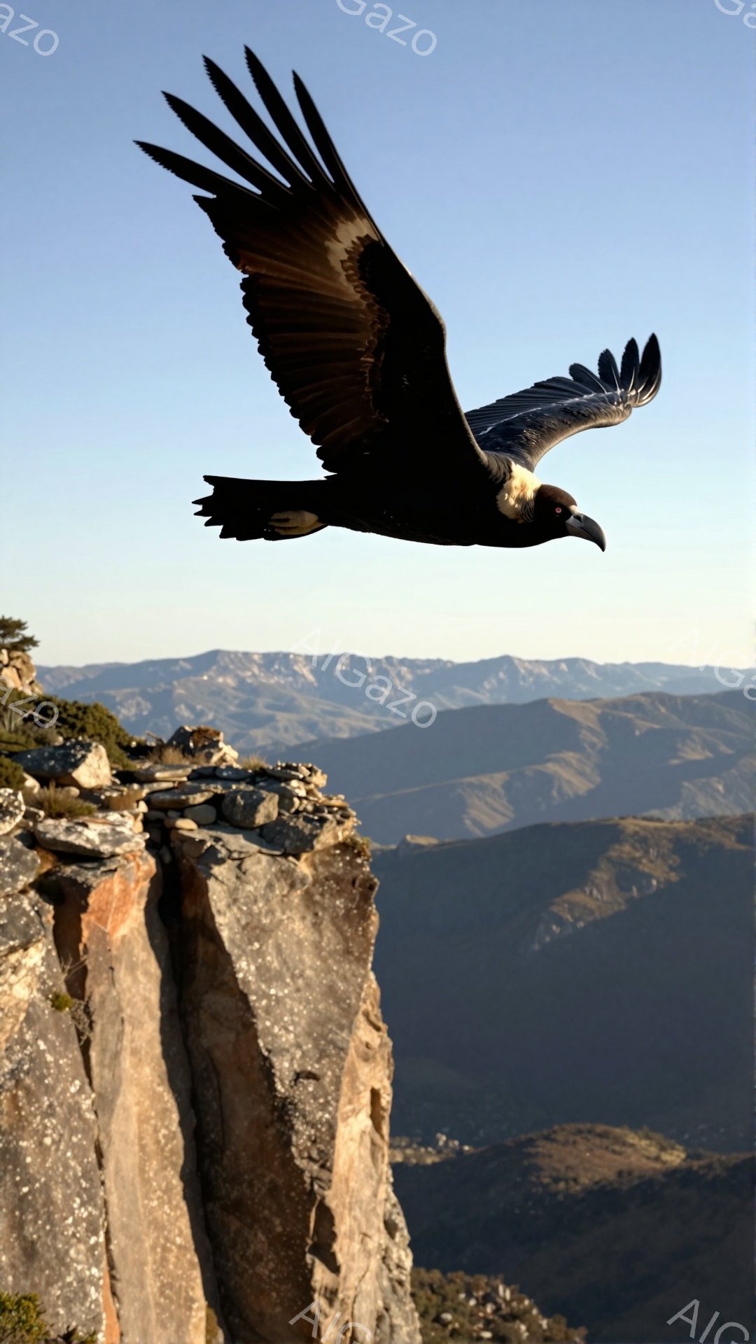 険しい崖の上を巨大なハゲタカが翼を広げて飛んでいる。背景には緑豊かな山々が広がり、そのコントラストが印象的だ。空は晴れ渡り、雄大な自然の力強さを感じさせる。