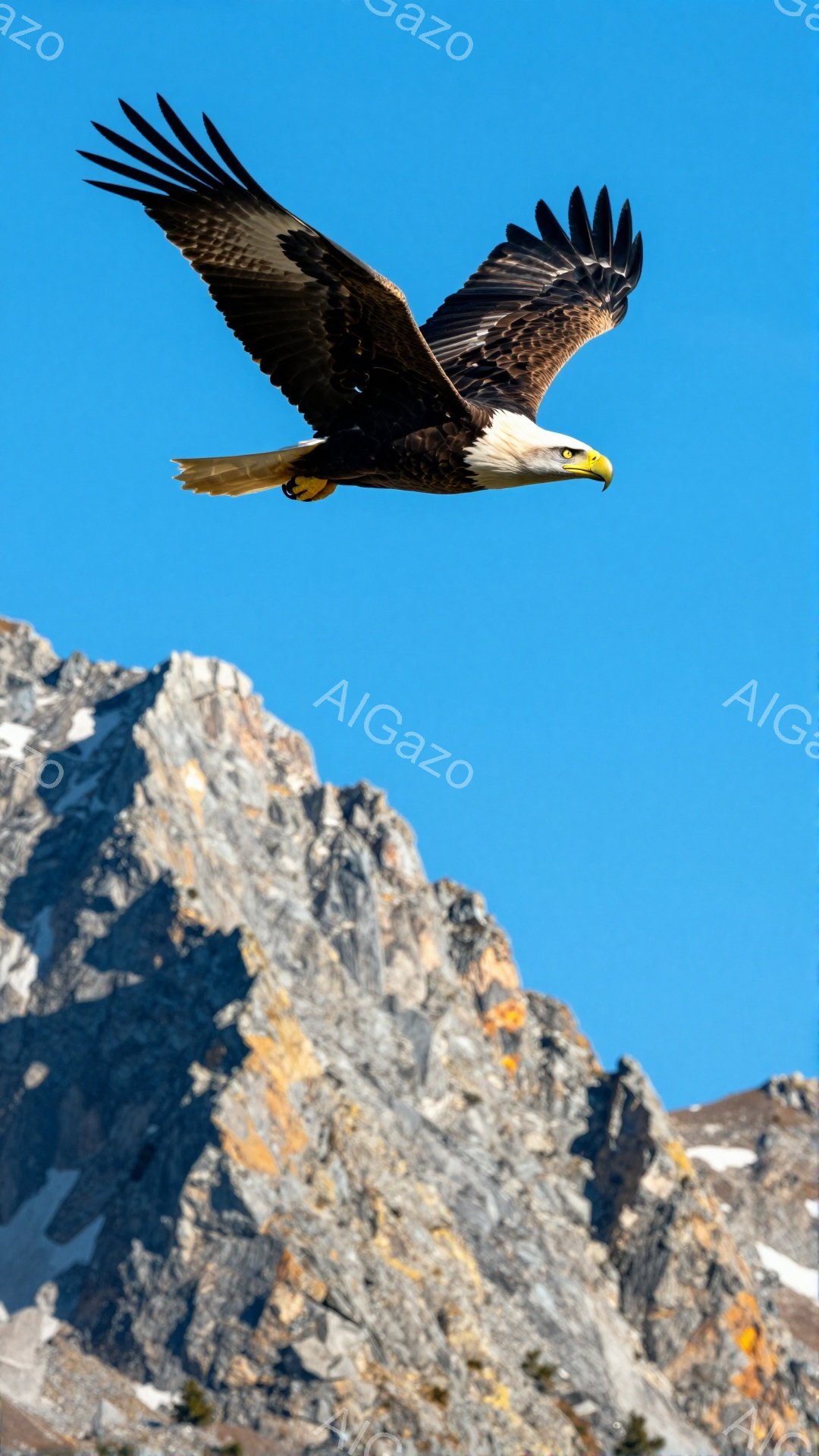 青空を背景に、翼を大きく広げたハクトウワシが飛んでいる。背景には雪を頂く険しい山々がそびえ立ち、自然の力強さと自由な鳥の姿が対照的である。鮮やかな青空と白い雲が、力強いハクトウワシの姿をさらに引き立てている。