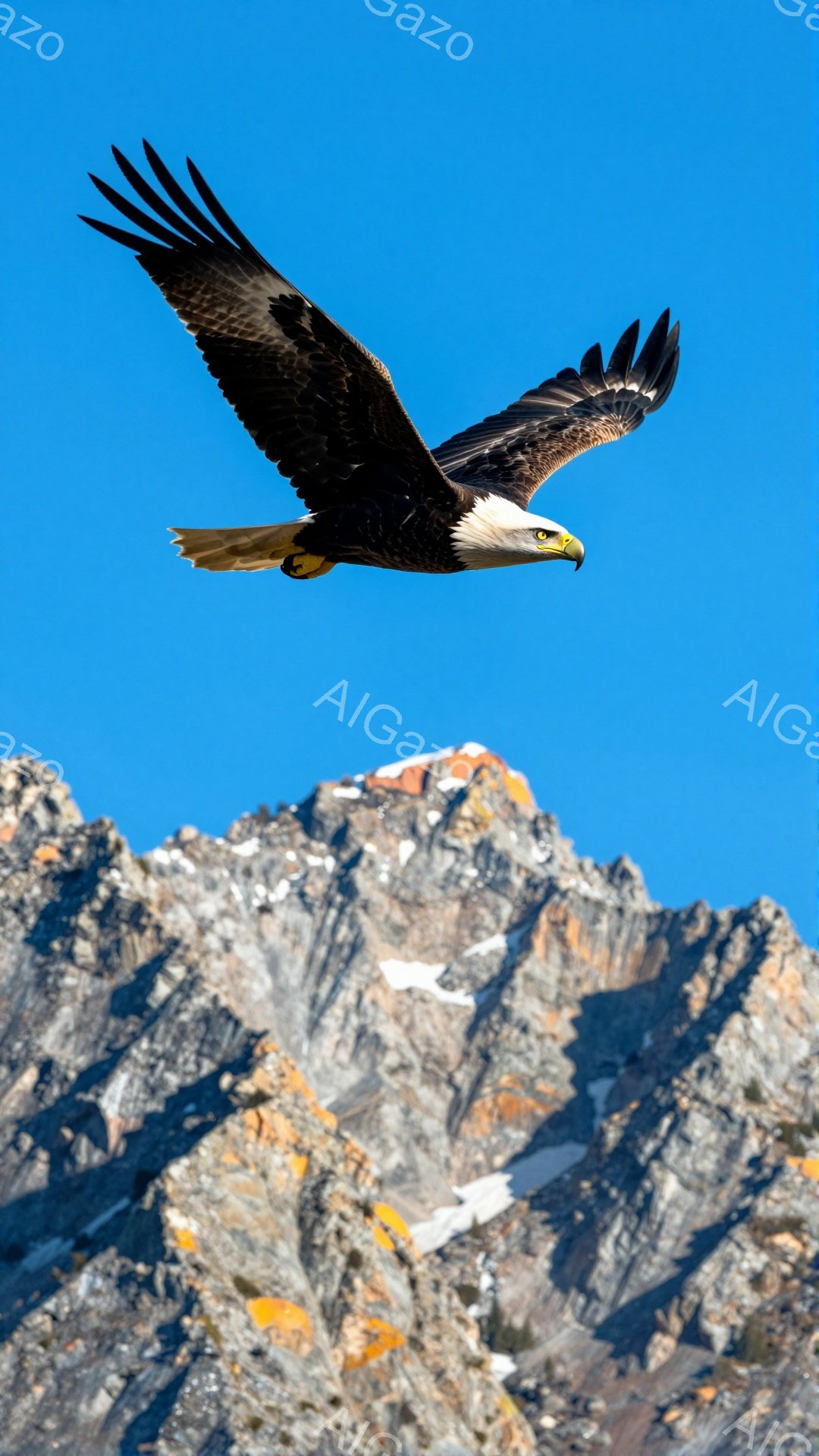 青空を背景に、翼を広げたアメリカワシが力強く飛んでいる。雪を抱いた山々が背景に広がり、ワシの雄大さを際立たせている。鮮やかな青空と白い雪のコントラストが、自然の美しさを引き立てている。