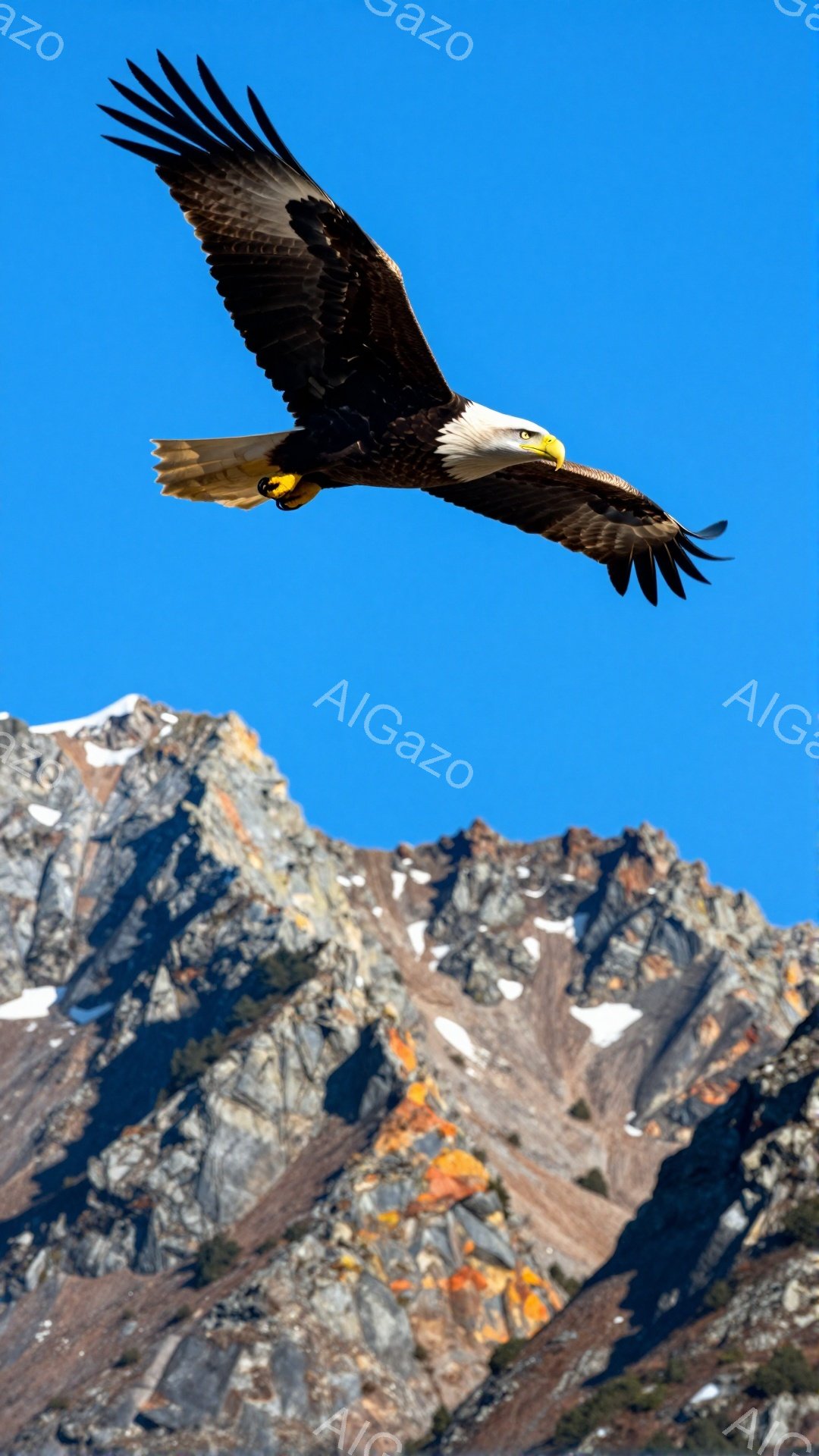 空を飛ぶアメリカハゲワシが写っている。背景には雪を抱いた山々がそびえ立ち、青空とのコントラストが美しい。力強く羽ばたく姿は、自由と大自然の象徴のようだ。