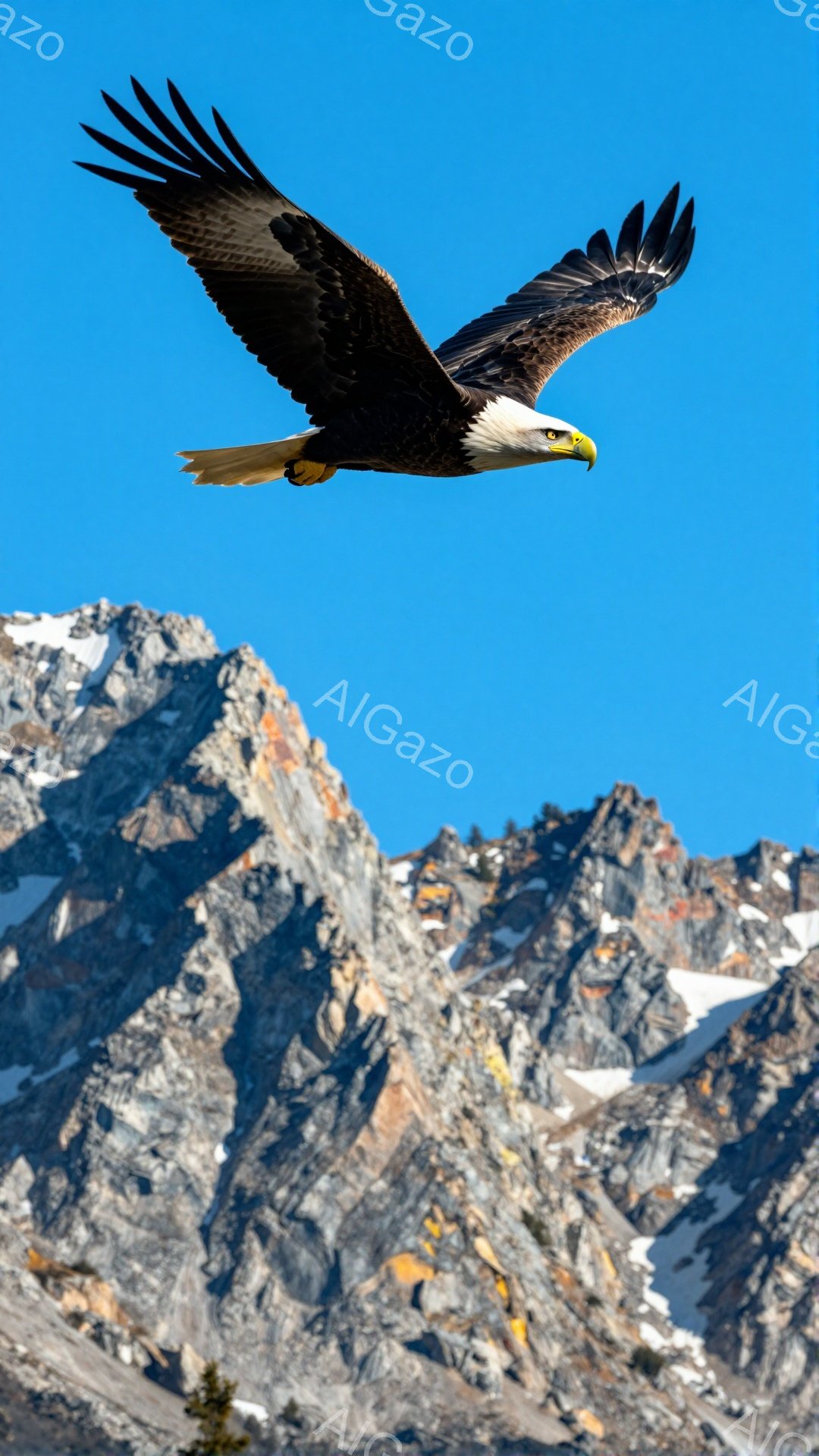 青い空を背景に、翼を広げたハクトウワシが力強く飛んでいる。雪を抱いた険しい山々が遠くに見え、自然の壮大さを強調している。鮮やかな青と白のコントラストが、生命力溢れる瞬間を捉えている。