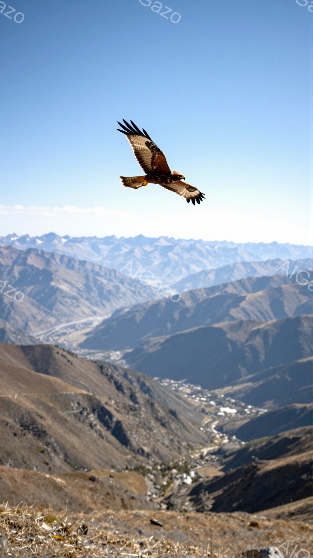 険しい山岳地帯を背景に、猛禽類が翼を広げて空を飛んでいる。山々は霞んで遠くに見え、麓には小さな集落が点在している。青空の下、自然の雄大さと鳥の自由な飛行が印象的な風景だ。