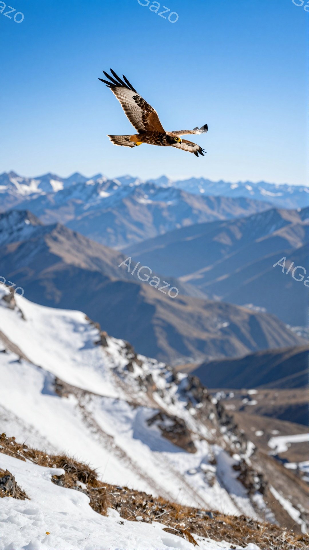 広大な雪山を背景に、猛禽類が力強く空を飛んでいる。翼を広げ、鋭い眼差しで遠くを見つめる姿は、自由と力強さを象徴している。背景の山々は雪に覆われ、壮大な自然の風景が広がっている。
