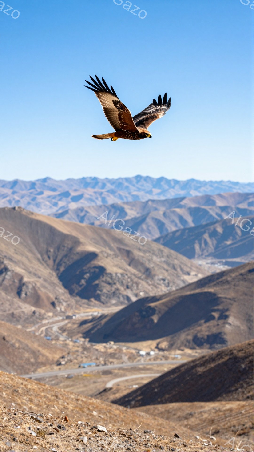 険しい山岳地帯を背景に、茶褐色のハヤブサが翼を広げて空を飛んでいる。山々は霞んで遠くまで続き、その下には曲がりくねった道と小さな集落が見える。空は青く、鳥の力強い飛行と山々の雄大さを強調している。