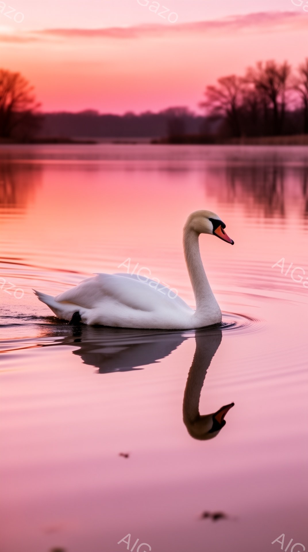 白鳥が夕焼けに染まった水面を優雅に泳いでいる。その姿はまるで絵画のようで、水面に映る影も美しい。周囲の景色はぼやけており、白鳥が際立って見える。