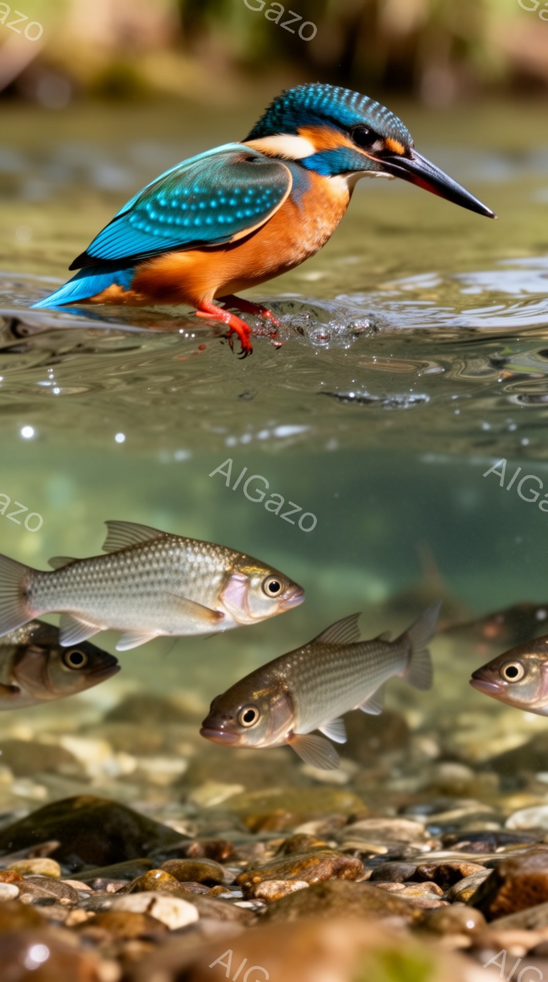 鮮やかなブルーとオレンジ色のカワセミが、水面から飛び立とうとしている瞬間を捉えた写真です。水面には、カワセミが捕食しようとしている魚が数匹写っており、水しぶきが勢いよく飛び散っています。背景には、水底の小石と浅瀬が広がっており、自然豊かな風景が広がっています。