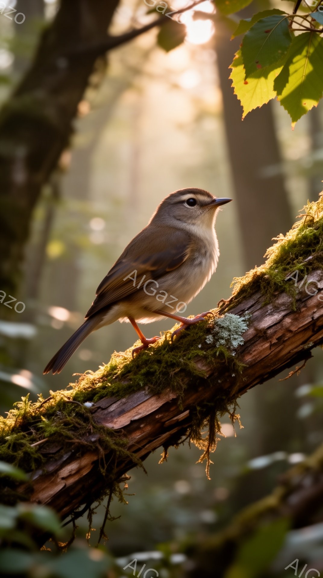 緑豊かな苔むした枝にとまる小さな鳥が描かれています。背景には木漏れ日が差し込み、柔らかな光が鳥を照らしています。その姿は静かで穏やかで、自然の中で安らぎを感じさせる光景です。