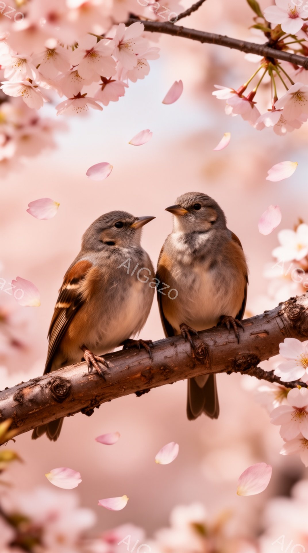 桜の枝に二羽の鳥が寄り添って止まっています。周りには桜の花びらが舞い散り、春の優しい雰囲気を醸し出しています。鳥たちは互いに見つめ合い、穏やかな時間を過ごしているようです。