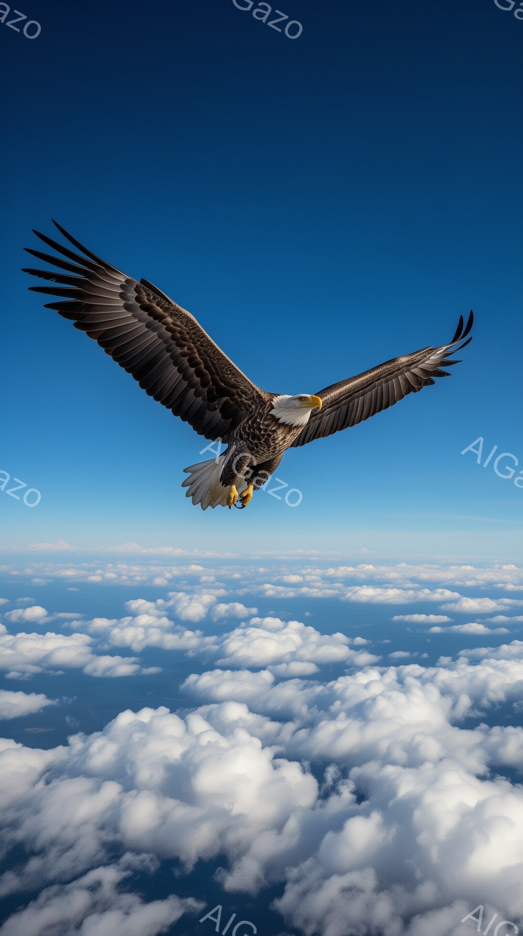 広大な雲海を背景に、翼を大きく広げた白頭鷲が力強く飛んでいる。鮮やかな青空と白い雲のコントラストが印象的で、鷲の鋭い眼差しが際立つ。自然の力強さと美しさを感じさせる一枚である。