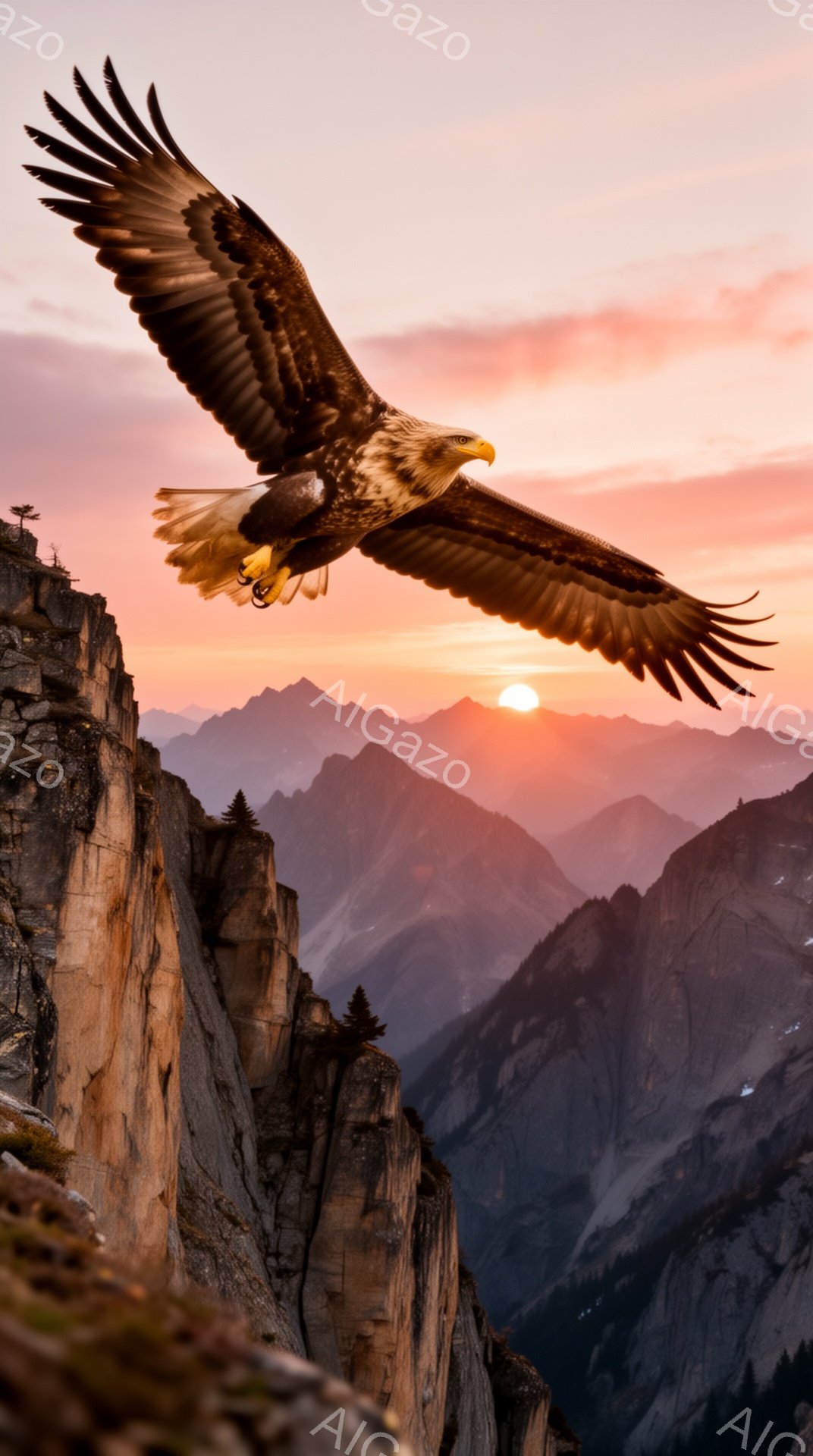 広大な山々にそびえ立つ岩の上に、力強いハクトウワシが翼を広げて飛んでいる。夕焼けの空はオレンジ色とピンク色に染まり、鳥のシルエットを際立たせている。雄大な自然とワシの自由な姿が印象的な風景だ。