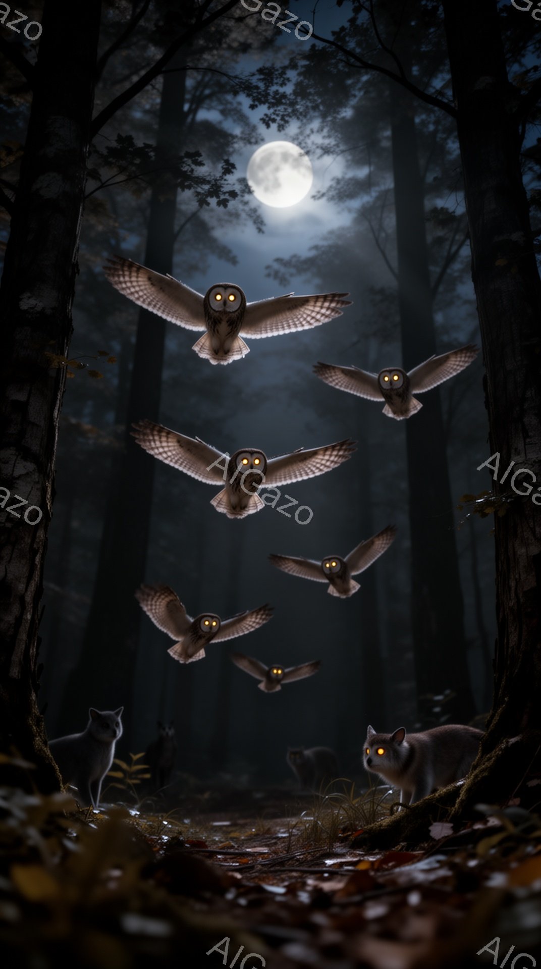 深い森の中で、数羽のフクロウが月明かりの下を舞っている。地面には雪が降り積もり、足元には枯葉が散らばっている。神秘的で静寂な雰囲気が漂っている。