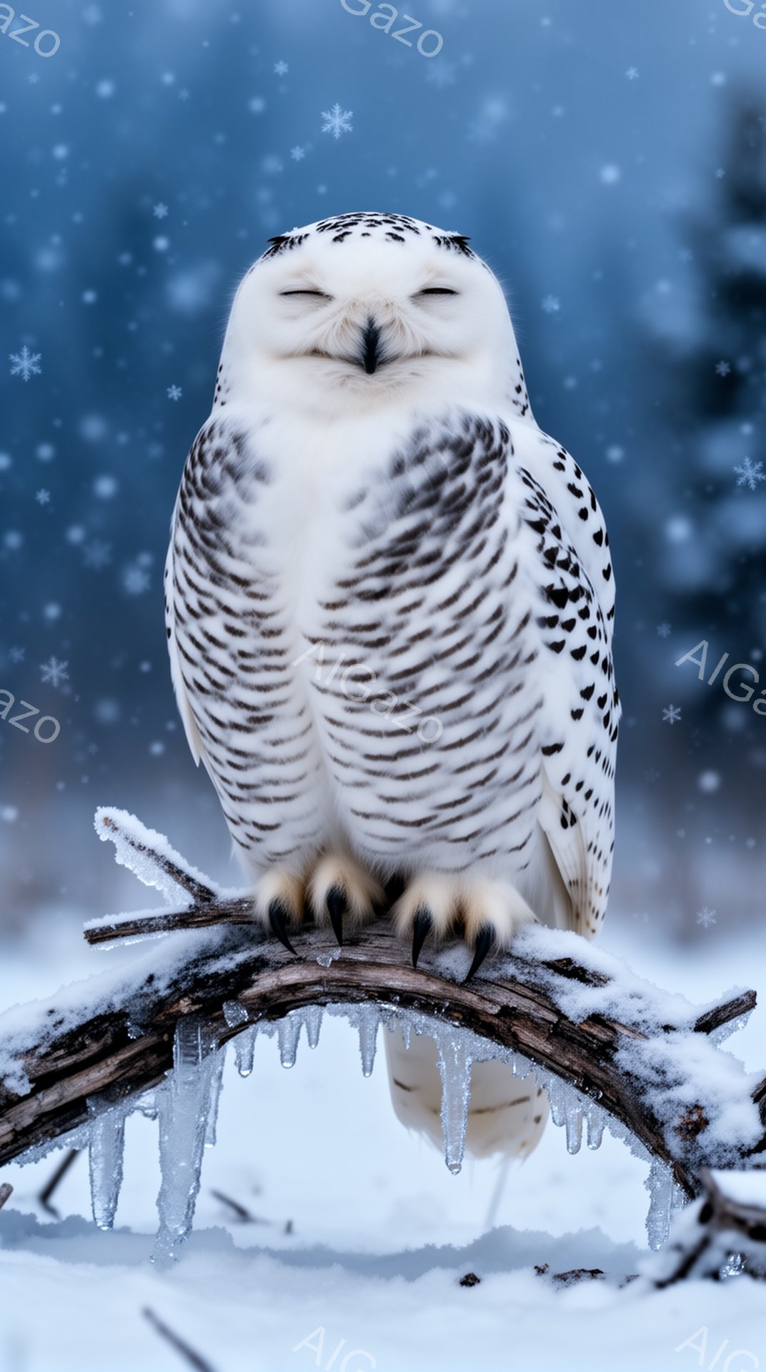 雪深い冬の森の中で、白いフクロウが凍てつく枝に止まっています。氷のついた枝に、フクロウの鋭い爪がしっかりと掴まっています。雪片が舞い散る幻想的な光景が、静寂な冬の雰囲気を醸し出しています。 - AI生成フリー素材