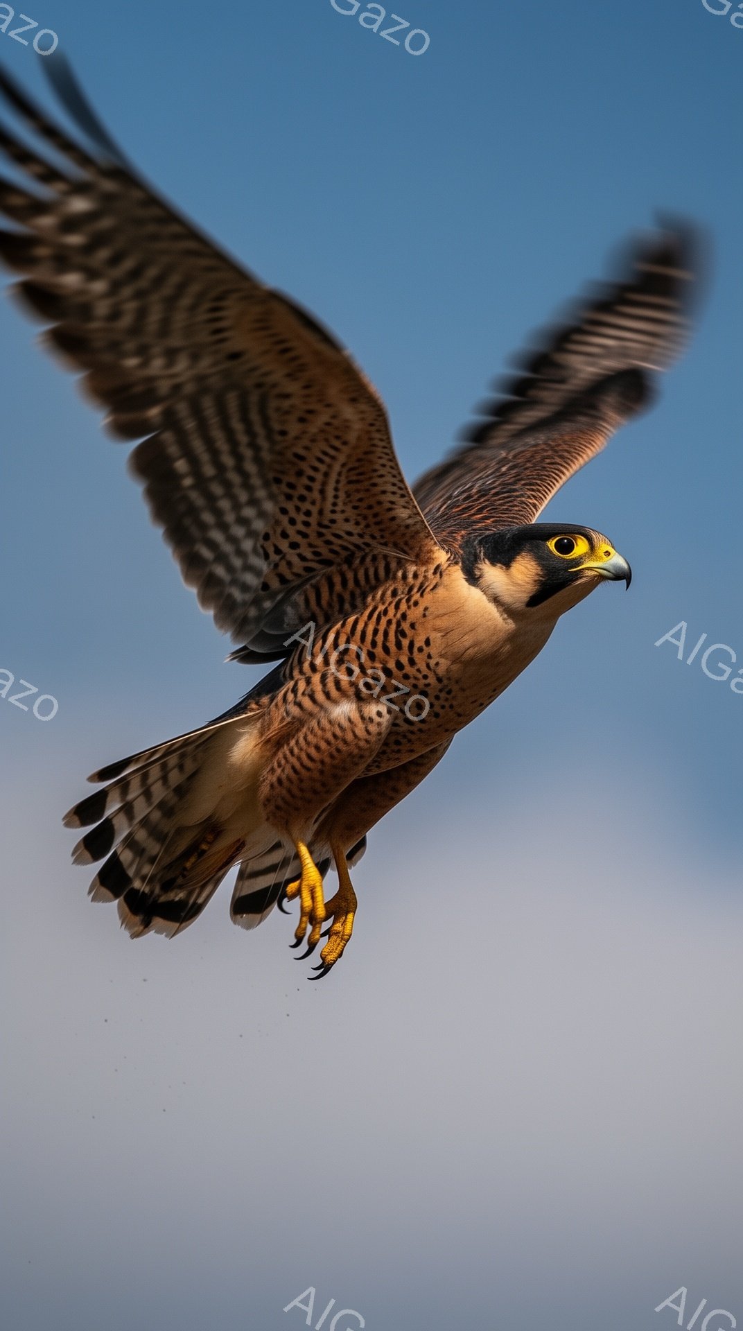 鋭い爪を前に突き出し、猛禽類が空を飛んでいる。背景は穏やかな青色で、鳥のダイナミックな姿勢が際立っている。翼の羽毛のパターンは非常に詳細で、自然の美しさを強調している。