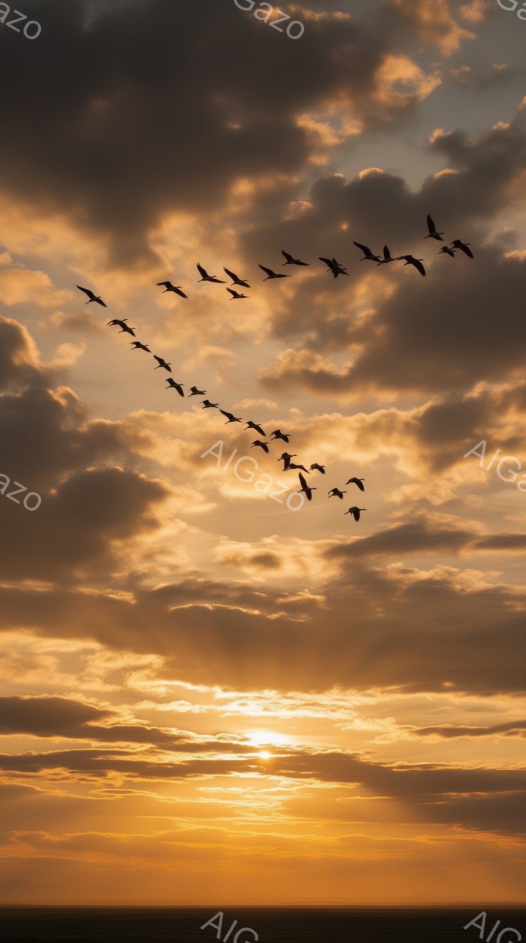 燃えるような夕焼け空を、V字型に鳥たちが飛んでいる。地平線には太陽が沈みかけ、空全体がオレンジ色と赤色のグラデーションに染まっている。穏やかで美しい光景が、平和な雰囲気を醸し出している。
