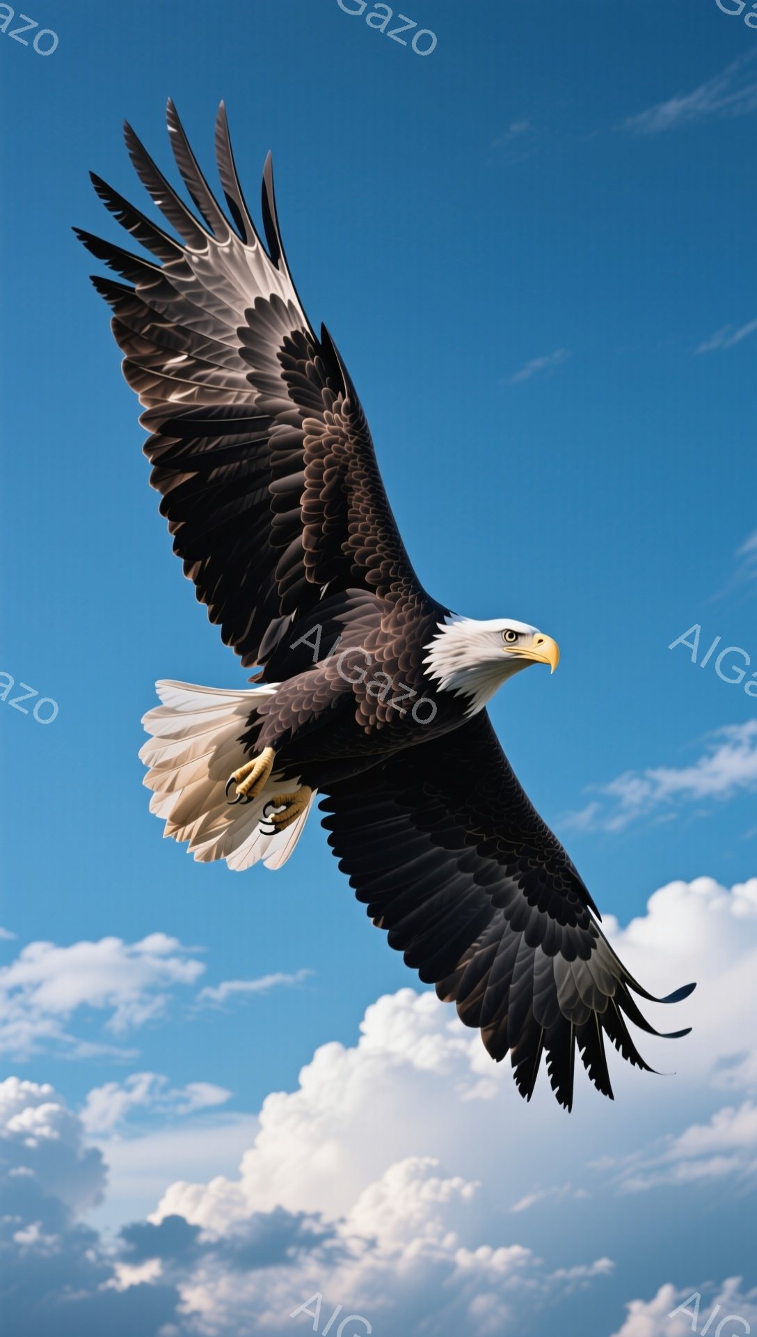 広大な青空を背景に、力強く羽ばたくアメリカワシが描かれている。翼を大きく広げ、鋭い眼光で前を見据える姿は、自由と力強さを象徴している。白い雲が浮かび、空の青さとワシのコントラストが美しい。