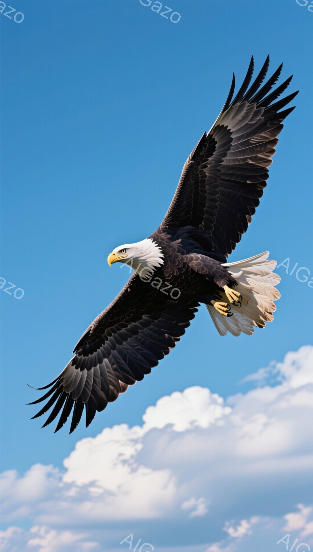 広大な青空を背景に、力強いハクトウワシが翼を広げて飛翔している。鮮やかな青空と白い雲が、ワシの堂々とした姿を際立たせている。羽の細部まで鮮明に写っており、自然の力強さと美しさが感じられる。