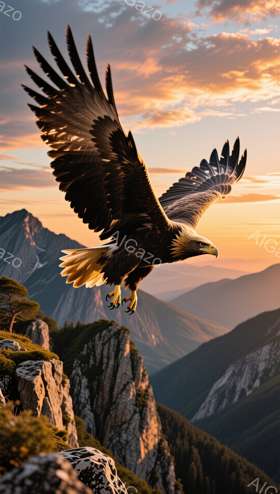 雄大な鷲が、夕焼けに染まる山々の上を力強く舞っている。鋭い眼光と広げた翼が、自由と力強さを象徴している。背景の山々は重なり合い、ドラマチックな空とのコントラストが美しい。