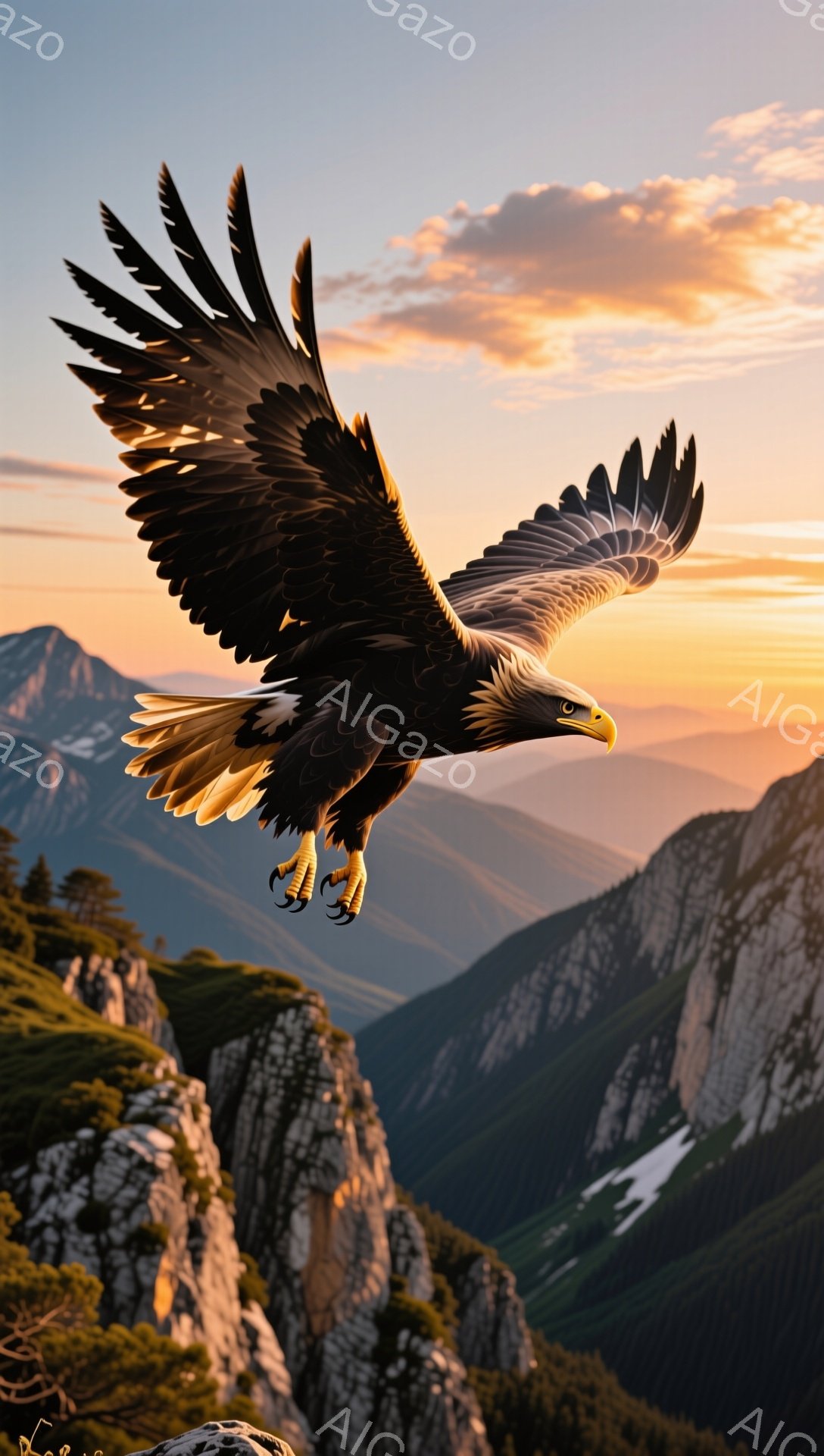 岩山を背景に、巨大な猛禽類が翼を広げて飛んでいる。夕焼けの空はオレンジ色に染まり、鳥のシルエットを際立たせている。力強く、ダイナミックな瞬間を捉えた美しい光景だ。