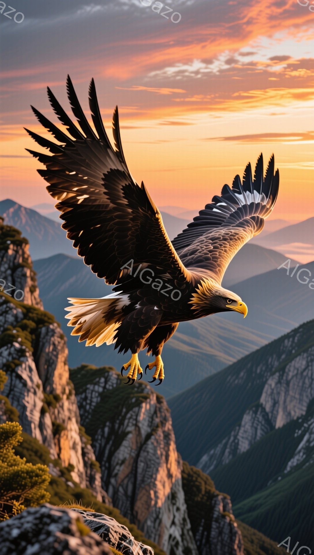 岩山の風景を背景に、翼を大きく広げたワシが空を飛んでいる。夕焼けの空は暖かく、オレンジ色とピンク色が混ざり合い、ワシのシルエットを際立たせている。力強く美しい姿が印象的で、大自然の雄大さを感じさせる。