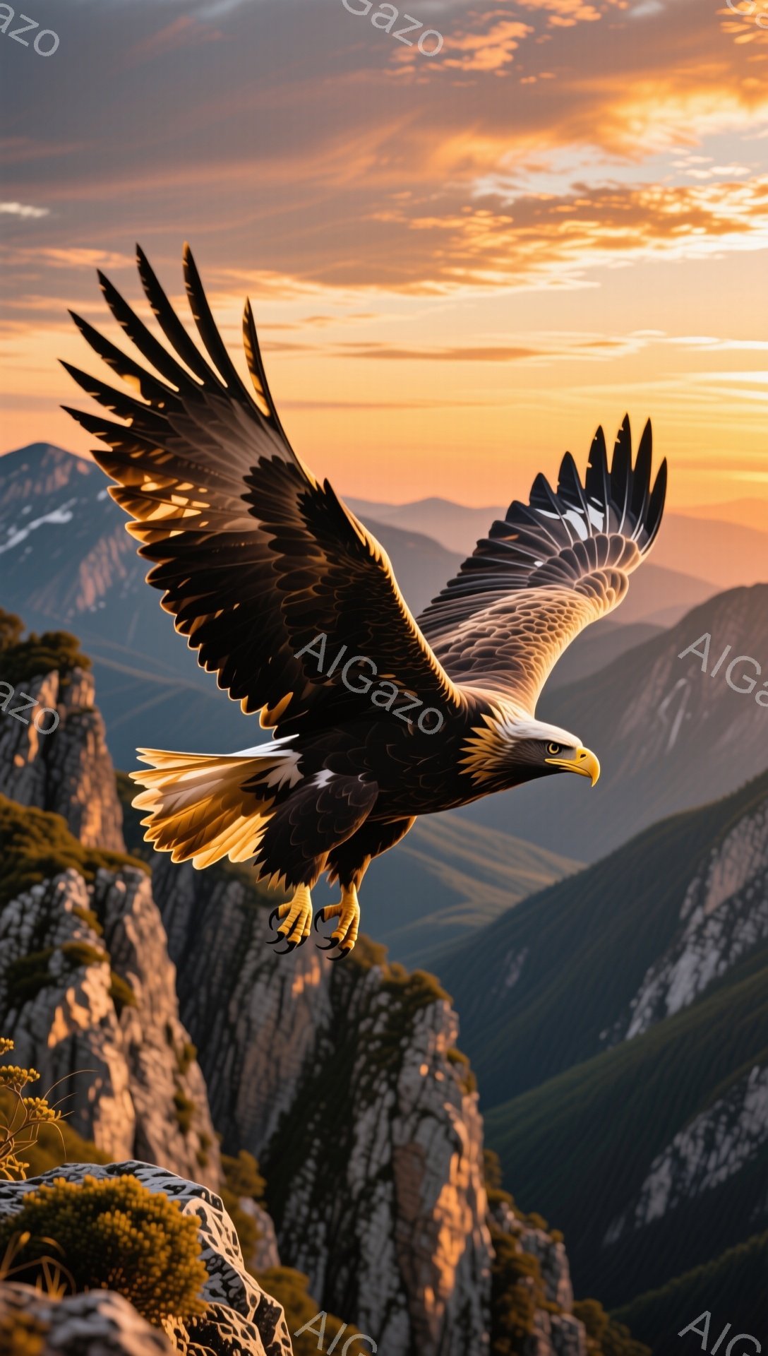 雄大なワシが夕焼けの空を翼を広げて飛んでいる。険しい岩山が背景に広がり、暖色系の美しい光がワシのシルエットを際立たせている。力強く飛ぶ姿は、自由と希望を感じさせる。