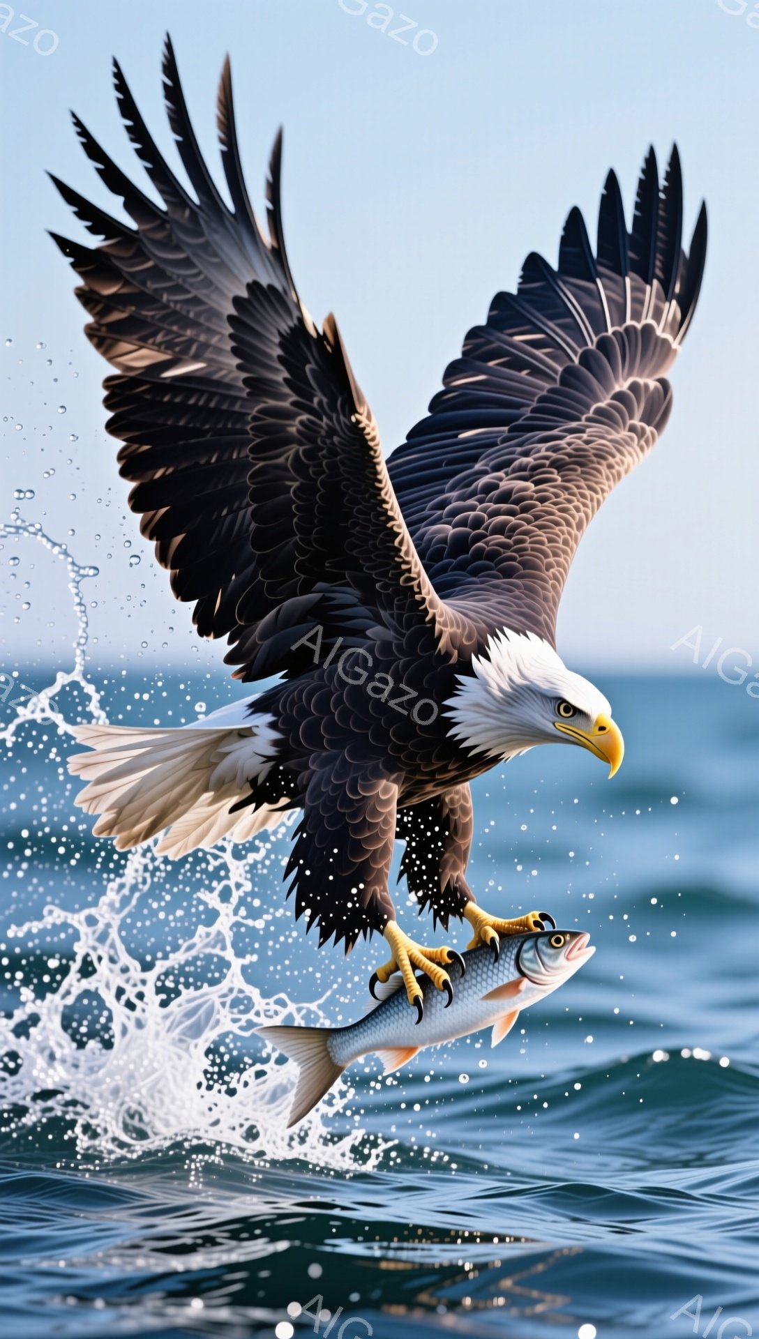 鋭い爪で獲物を掴み、力強く空を舞うアメリカワシが描かれています。波しぶきが飛び散る海の上を飛んでおり、獲物の銀色の魚体が鮮やかなコントラストを生み出しています。その姿は、自然の力強さと狩りの成功を象徴しているようです。