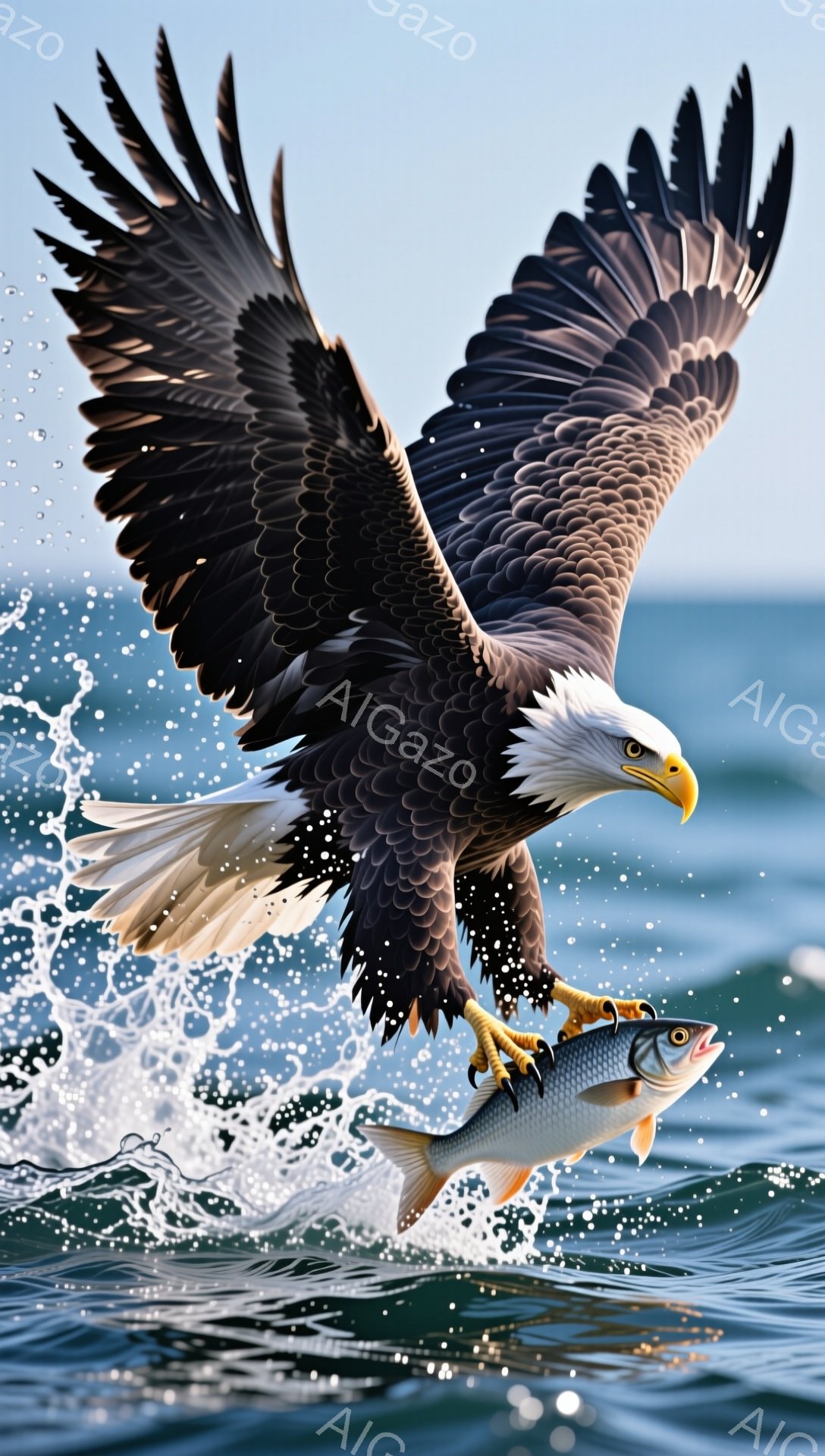 海上を舞う大胆なハクトウワシが、獲物の魚を鋭い爪で掴んでいます。水しぶきが飛び散る中、その力強い翼と集中した眼差しが印象的です。青い海と白い波が背景に広がり、自然の力強さを際立たせています。
