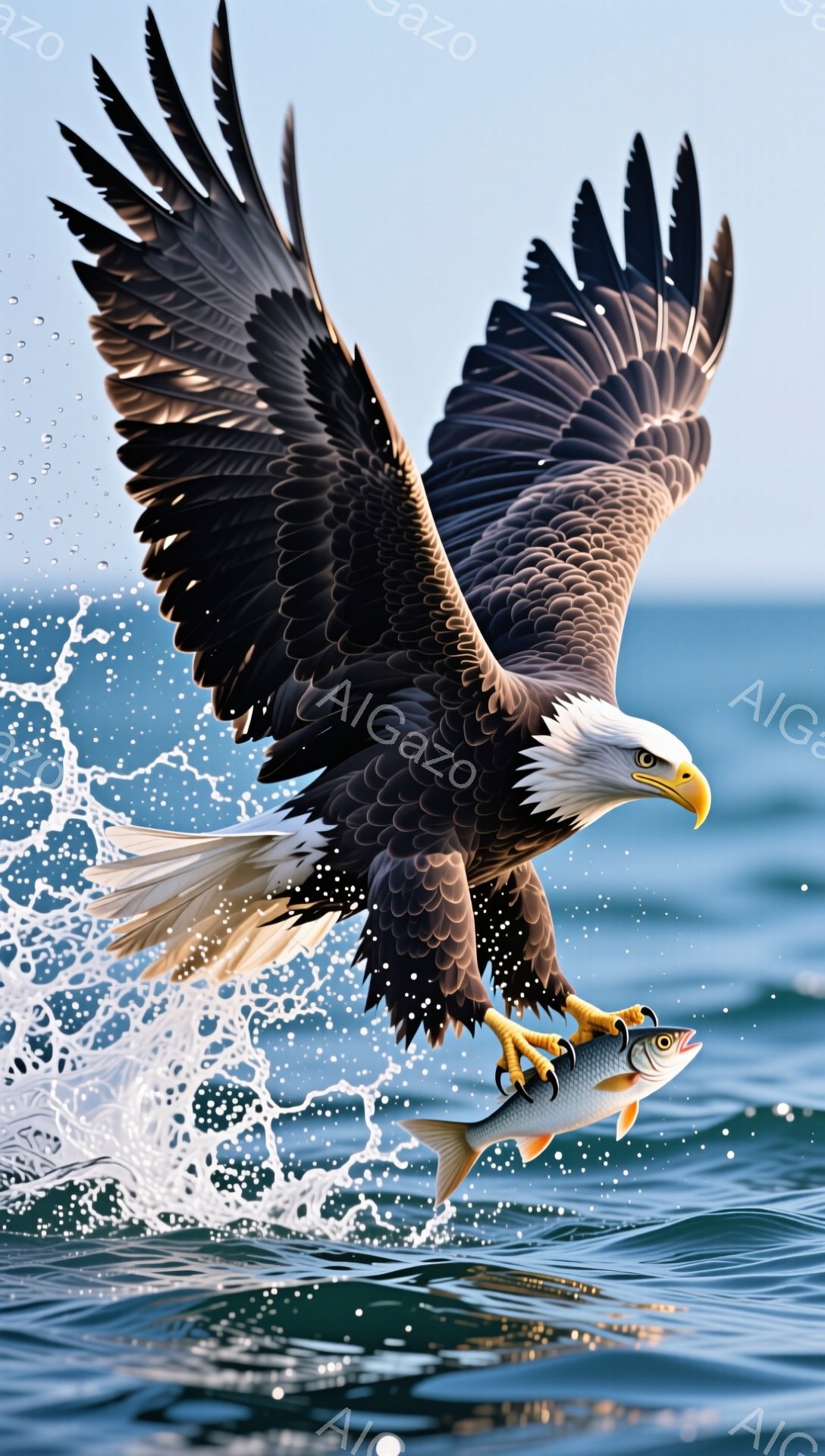 海上を舞うアメリカワシが、獲物の魚を鋭い爪で掴んでいます。波しぶきが飛び散る中、翼を広げ力強く空を飛んでいます。背景は穏やかな海で、鮮やかな光がワシを照らし出しています。