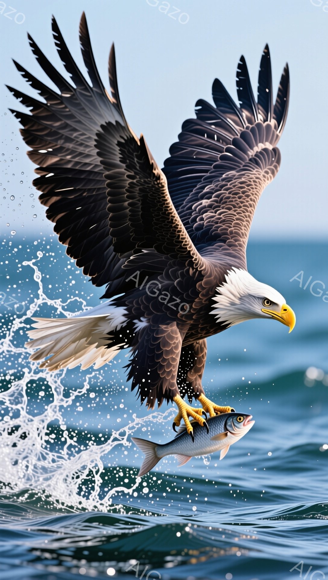 鷹が獲物を掴み、力強く空を舞っている。翼を大きく広げ、水面近くを飛ぶ姿は、力強さと優雅さを兼ね備えている。水しぶきが舞い上がり、ダイナミックな瞬間を捉えている。