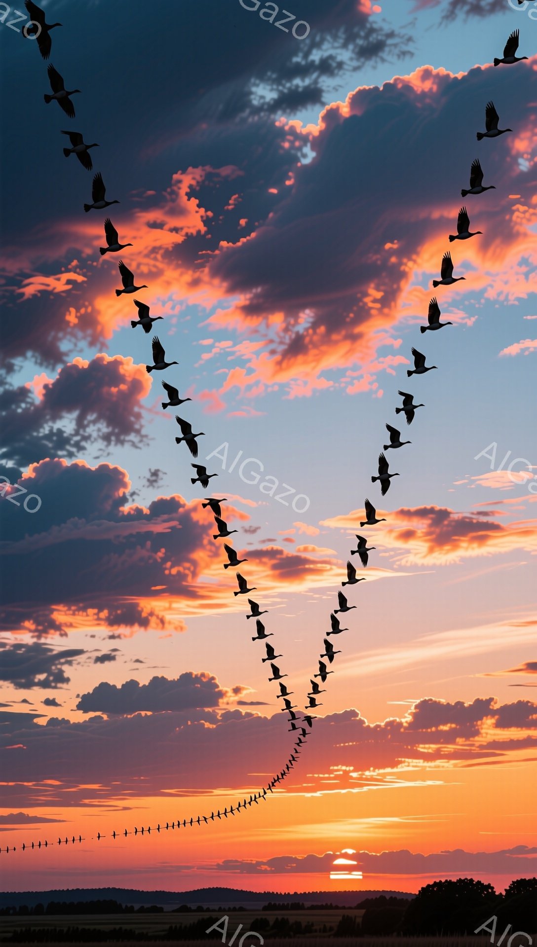 明るい夕焼け空をV字型に飛ぶ鳥たちの群れが印象的な風景です。地平線には太陽が沈みかけており、空はオレンジ色と赤色のグラデーションで彩られています。下には緑の草地が広がり、静かで穏やかな雰囲気が漂っています。