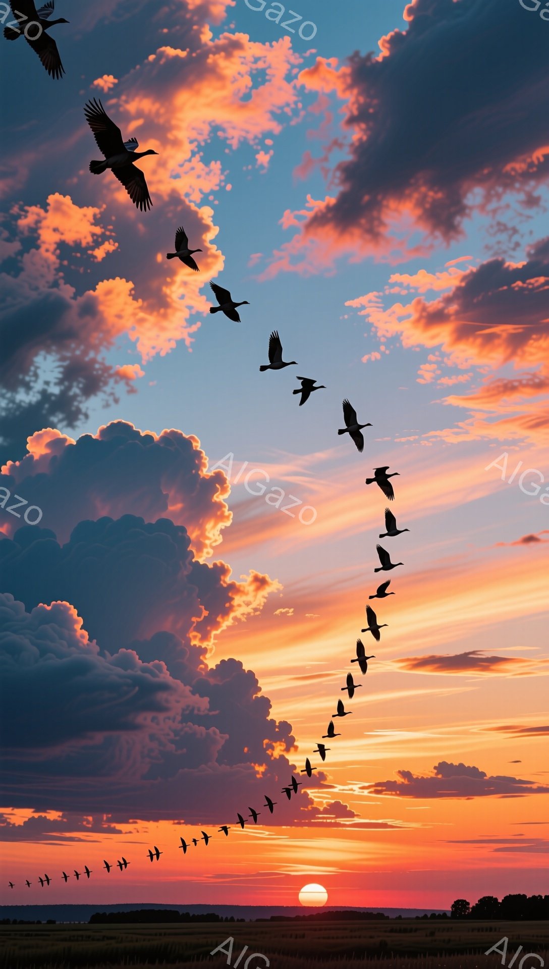 鮮やかな夕焼け空を、V字型に隊列を組んだ鳥たちが飛んでいる。太陽は地平線に沈みかけ、空はオレンジとピンクの色合いで染まっている。穏やかで希望に満ちた光景だ。