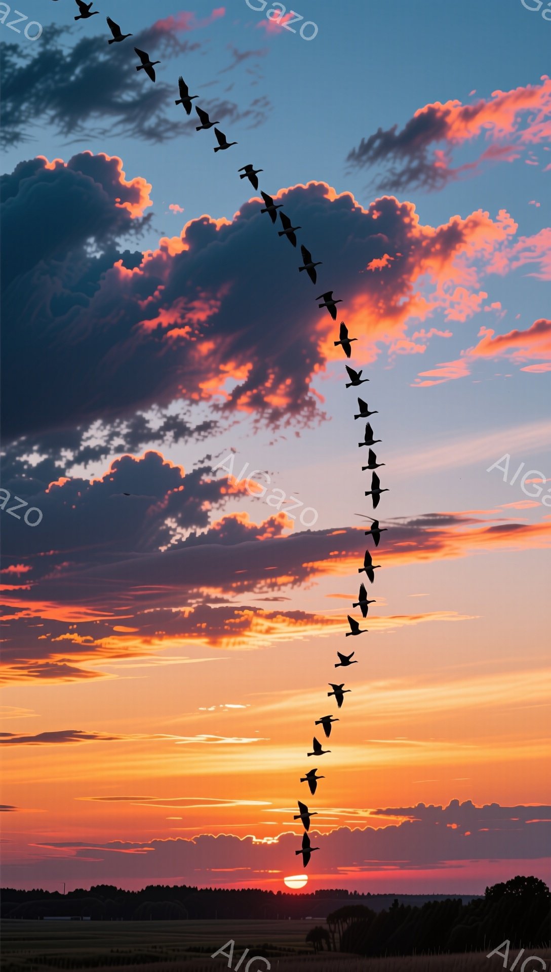オレンジと赤色の雲が広がる夕焼け空を、V字型に雁が飛んでいる。地平線には日の丸のような太陽が沈みかけており、下には緑の田園風景が広がっている。静かで穏やかな雰囲気が漂う美しい景色だ。