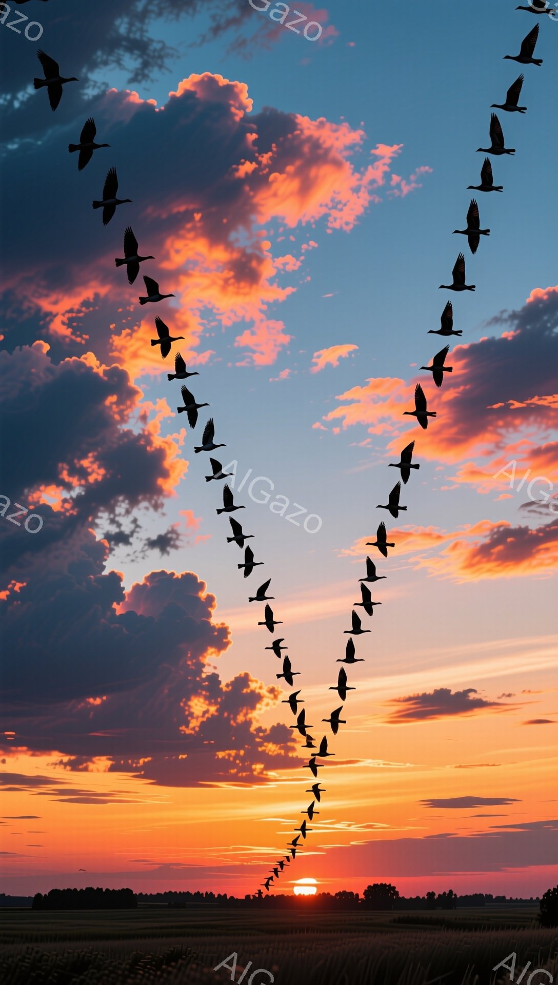 空には、夕焼けに染まった雲が広がり、V字型に並んだ鳥たちが飛んでいる。地平線には太陽が沈み、草原には影が伸びている。鮮やかな色彩と鳥たちのシルエットが、自然の美しさを際立たせている。