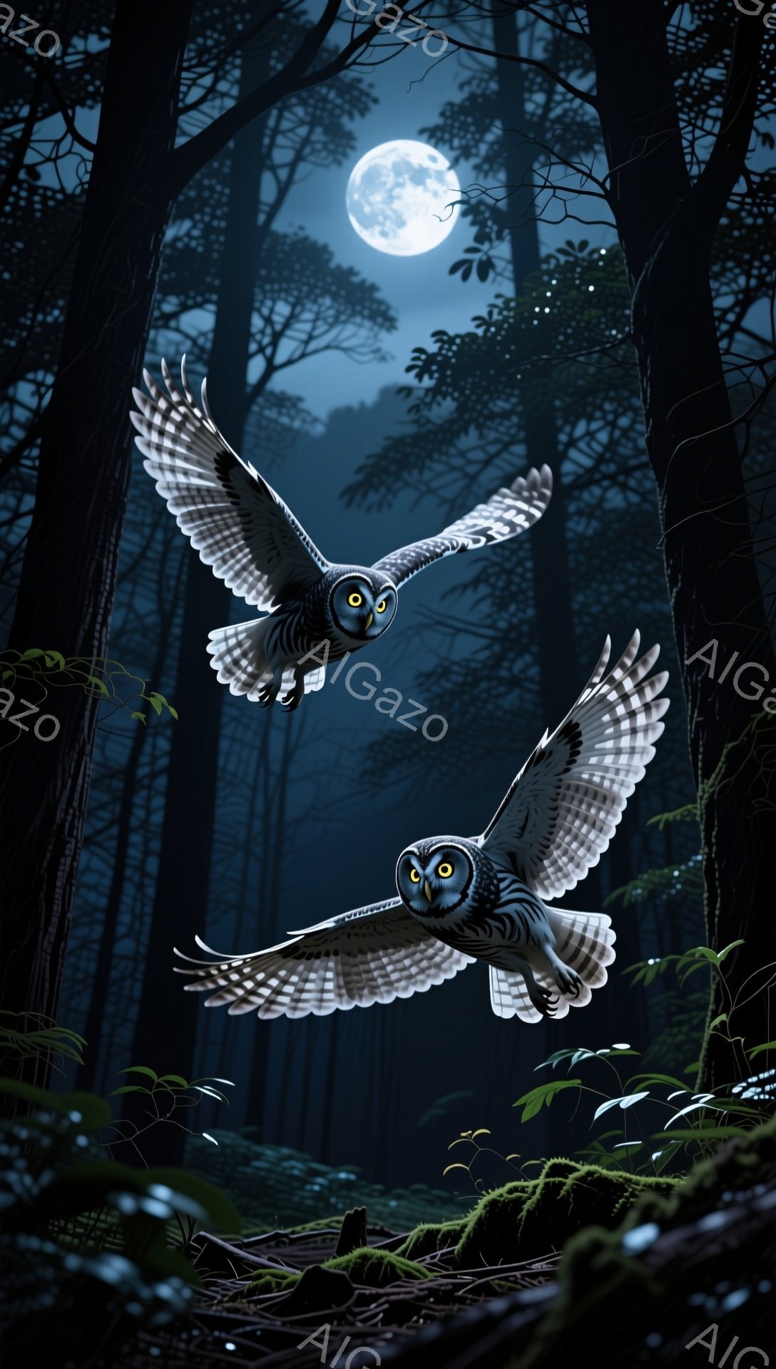 暗い森の中で、二羽のフクロウが月明かりの下を舞っている。木々は高くそびえ立ち、地面には植物が生い茂り、神秘的な雰囲気を醸し出している。フクロウの羽は広げられ、鋭い目が光っている。