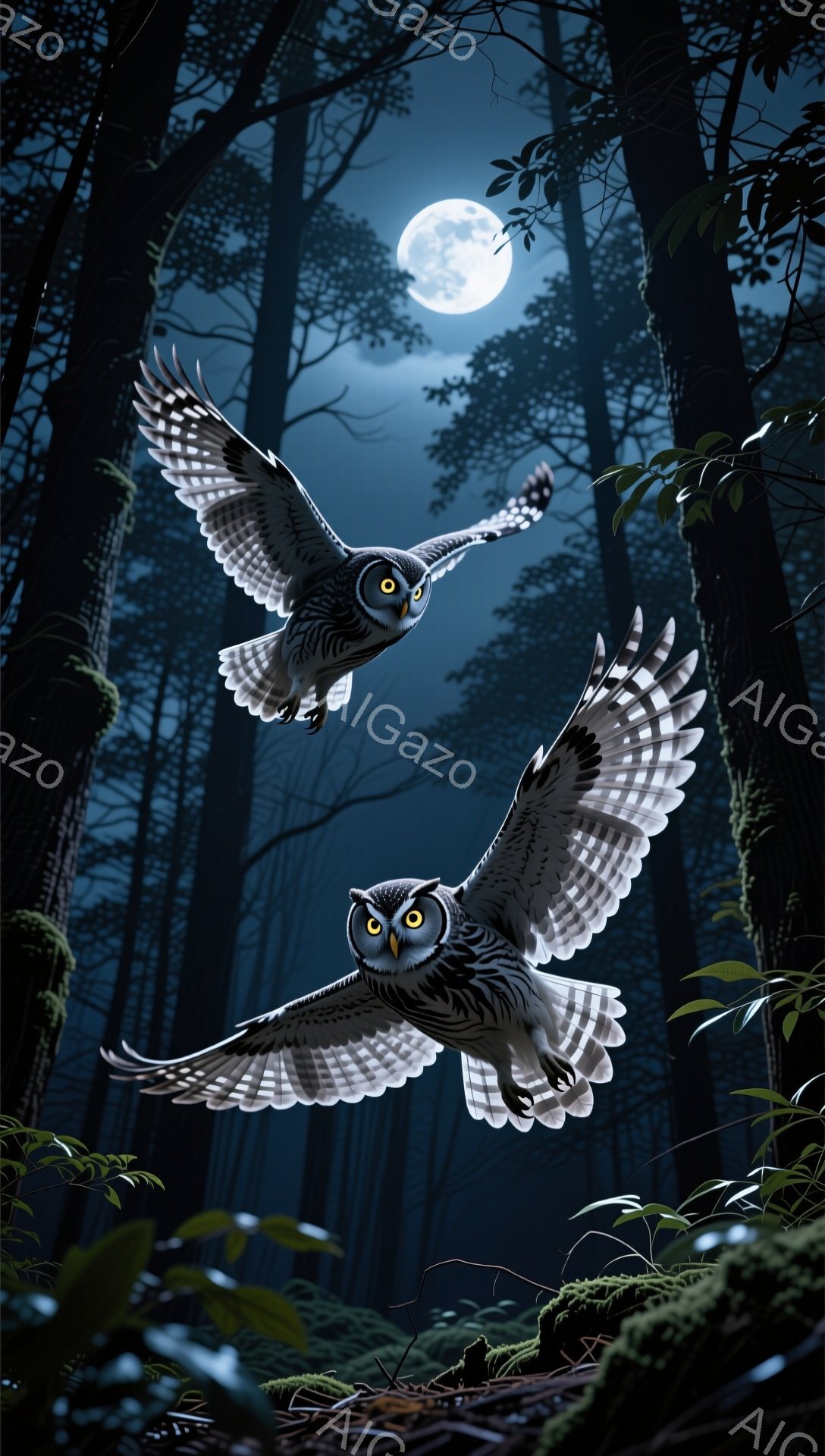 深い森の中で、大きなフクロウが月明かりの下を飛んでいる。濃い緑と黒の木々が背景に広がっており、神秘的で静かな雰囲気を醸し出している。フクロウの鋭い眼差しは、夜の闇を貫くように輝いている。