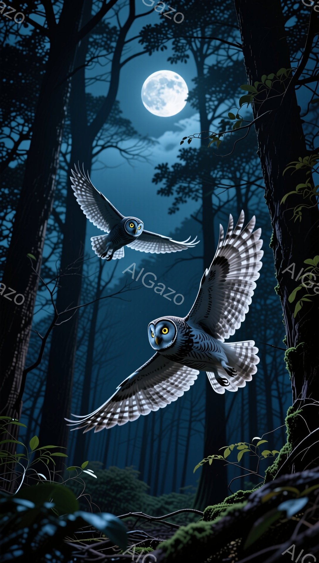 深い森の中で、大きなフクロウが月明かりの下を静かに舞っている。木々の間から顔を覗かせるフクロウは、鋭い眼差しで何かを探しているようだ。夜の静寂と月光が神秘的な雰囲気を醸し出している。
