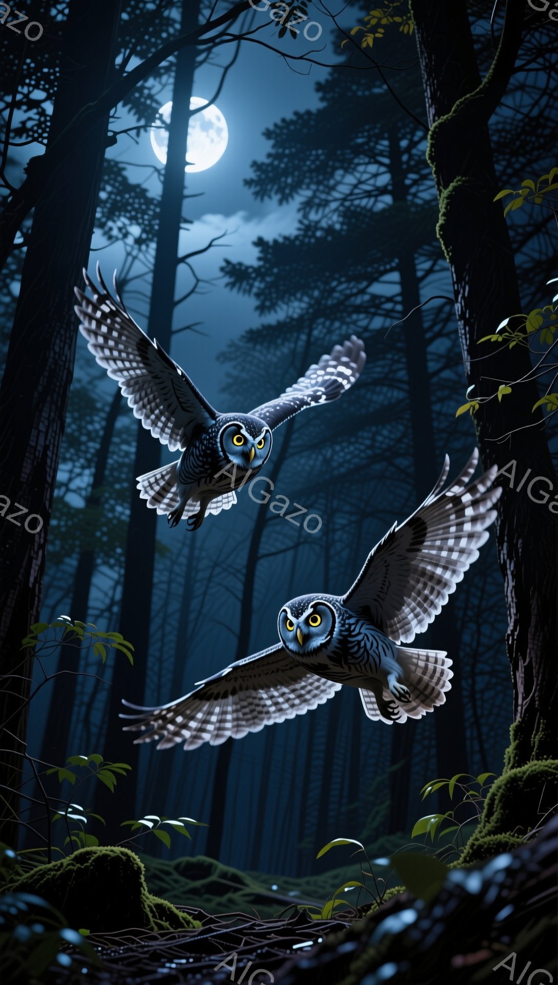 深い森の中で、2羽のフクロウが月明かりの下を舞っている。フクロウの羽は広げられ、夜の静寂を切り裂くように飛んでいる。背景には暗い木々が立ち並び、神秘的な雰囲気を醸し出している。