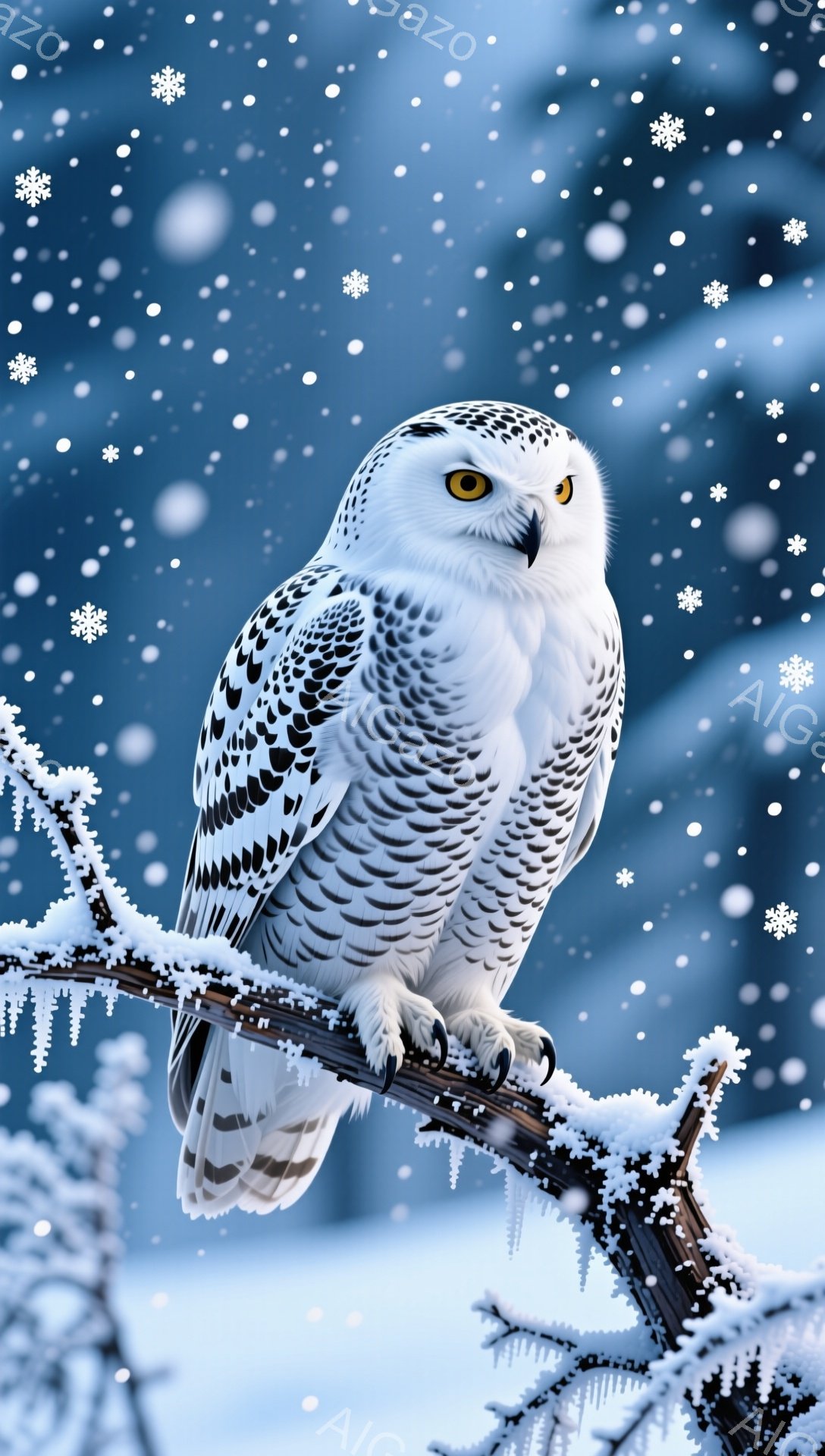 白い雪の結晶が舞う冬の森の中で、一羽のフクロウが雪で覆われた木の枝にとまっている。フクロウは鋭い眼差しで何かを見つめているようで、周囲の雪景色と調和し、静寂で神秘的な雰囲気を醸し出している。羽毛は白く、雪の中に溶け込み、冬の自然の美しさを際立たせている。