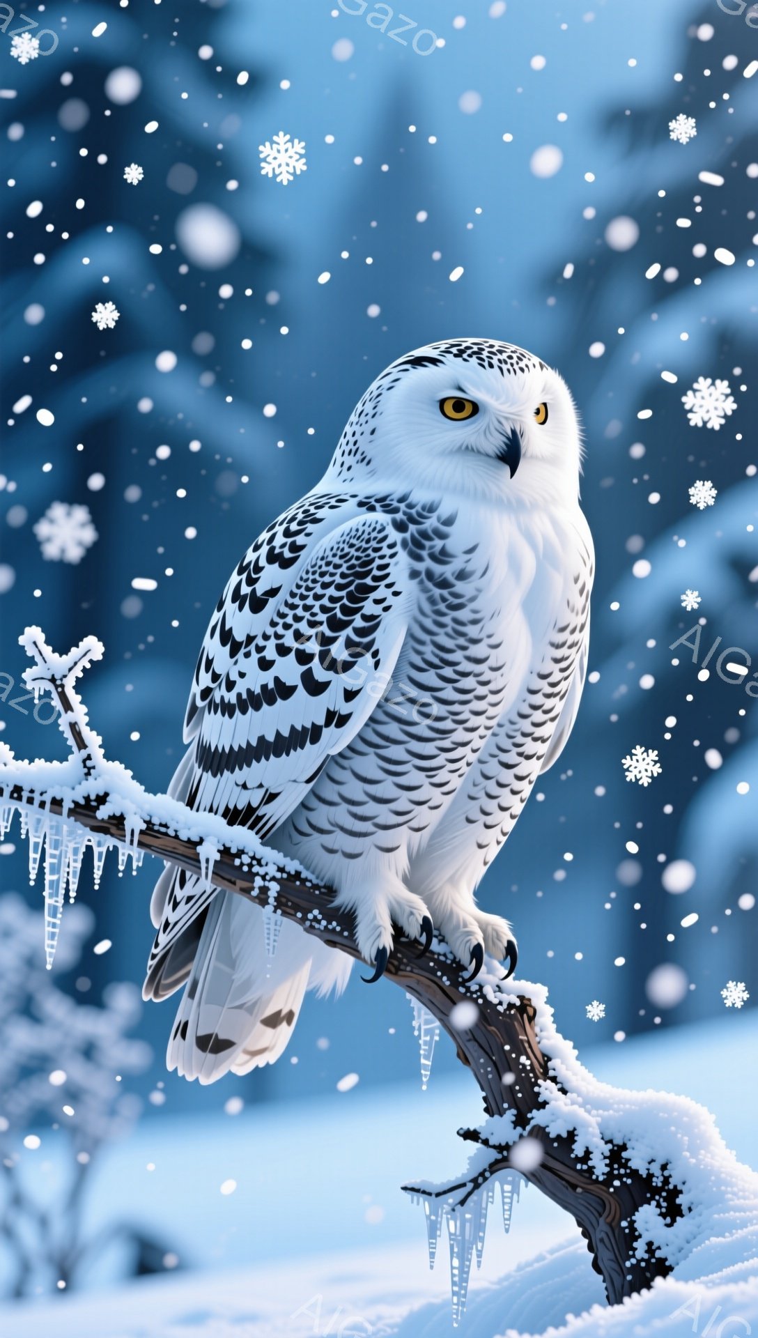 白い雪の背景に、雪の結晶が舞う中、白いフクロウが枝にとまっている。鋭い目つきとふっくらとした体つきが特徴的で、冬の厳しい寒さを感じさせる。氷のついた枝が、その美しさをさらに引き立てている。